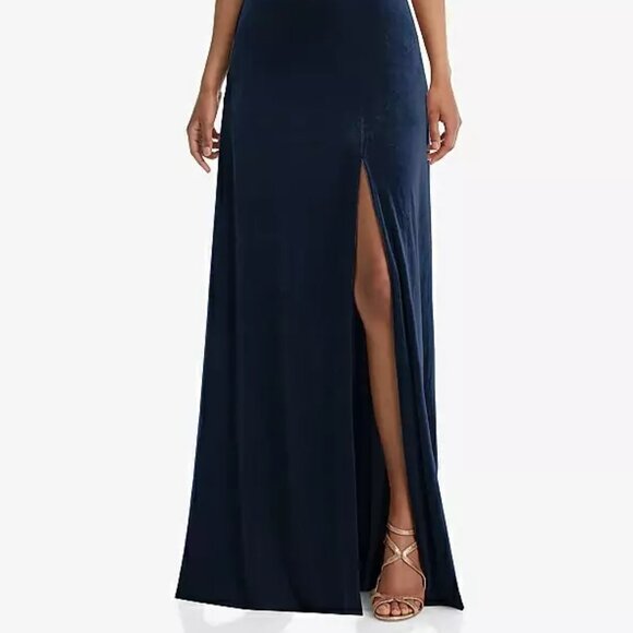 After Six 1551...Off-the-Shoulder Flounce Sleeve Velvet Maxi..Midnight..Size 4 - Picture 2 of 7